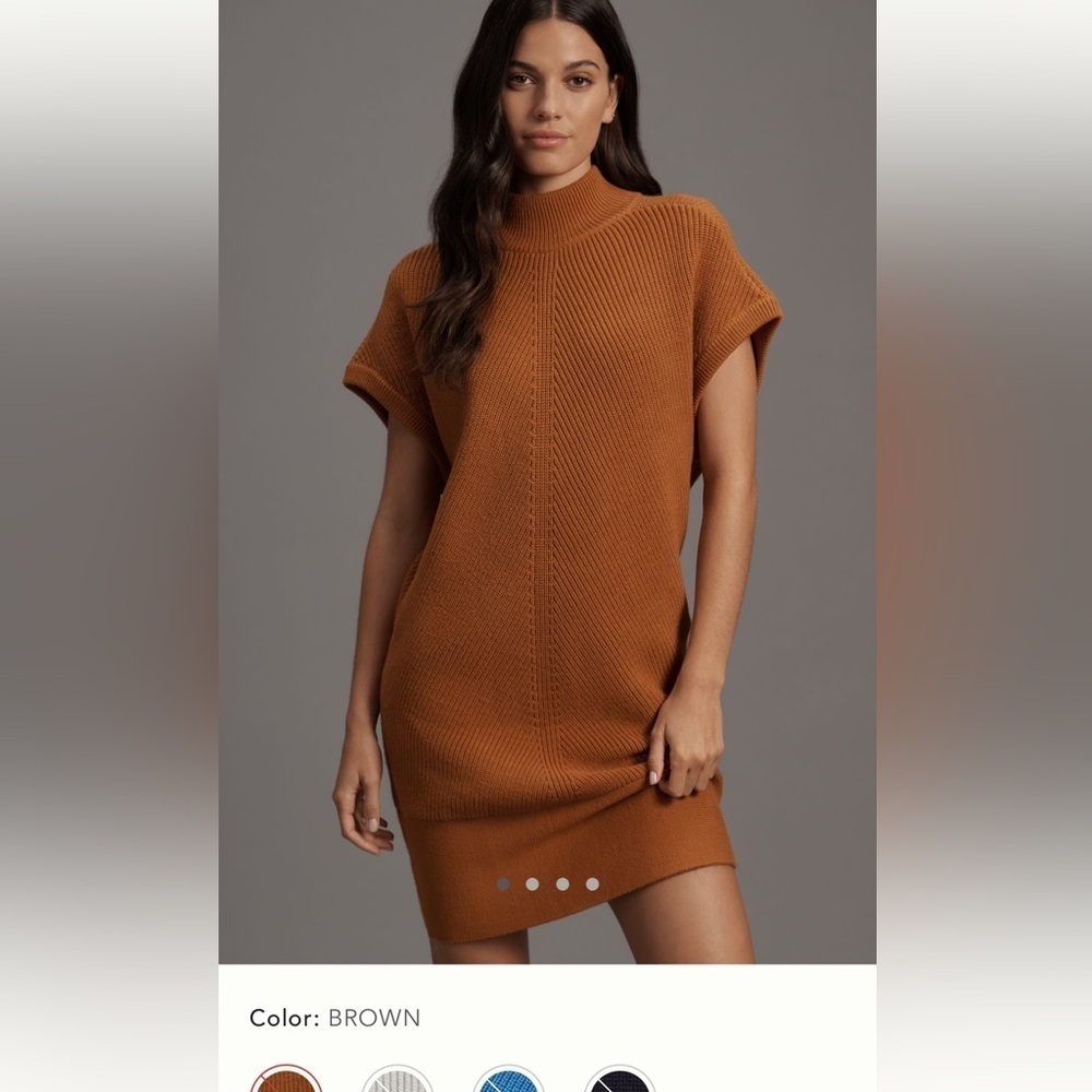 New Anthropologie short sleeve mock neck sweater mini dress XS small tan brown